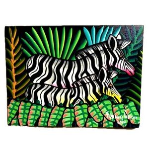 Original Art by Haitian artist Francis Paraison Zebra Jungle Painted Canvas